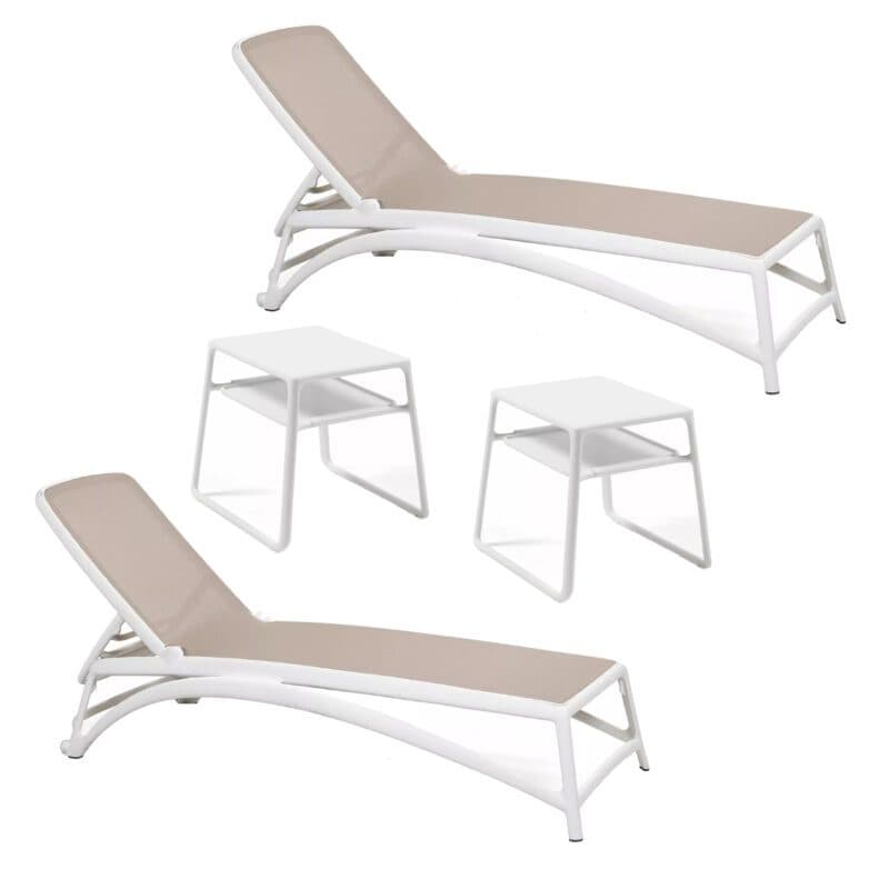 NARDI "Atlantico" Sonnenliege, Gestell Kunststoff weiß, Bespannung Textilgewebe taupe mit Beistelltisch "Pop" Kunststoff weiß