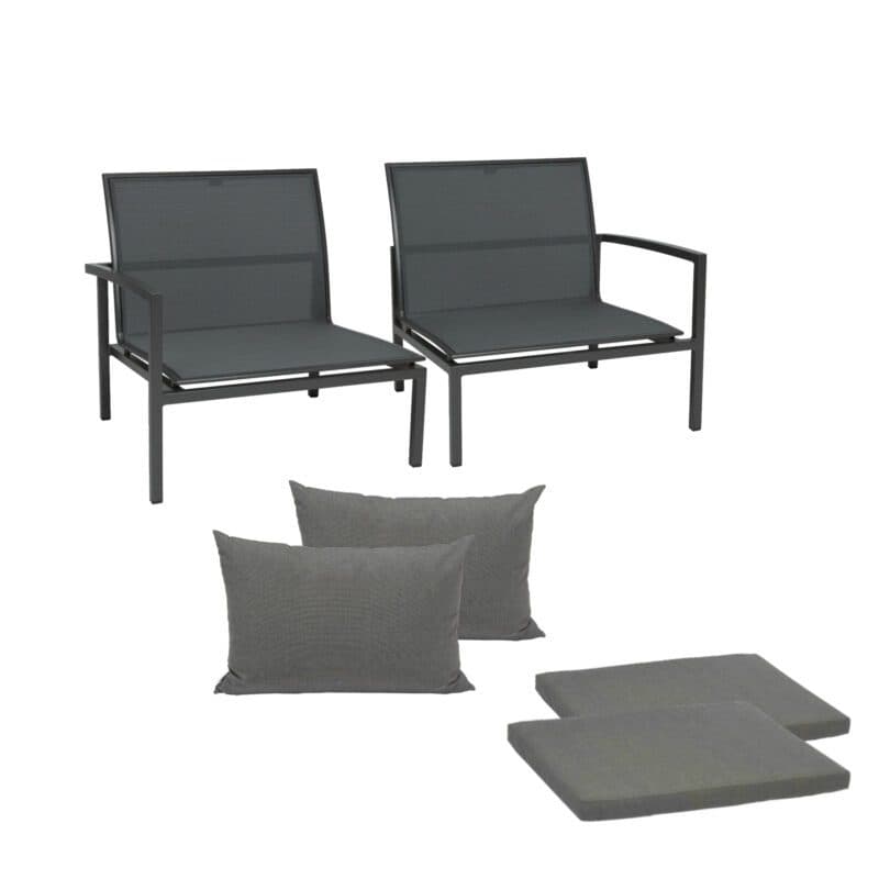Stern "Skelby" Loungesofa, 2-teilig plus Kissen, Gestelle Aluminium anthrazit, Sitz Textilgewebe karbon, Kissen seidengrau