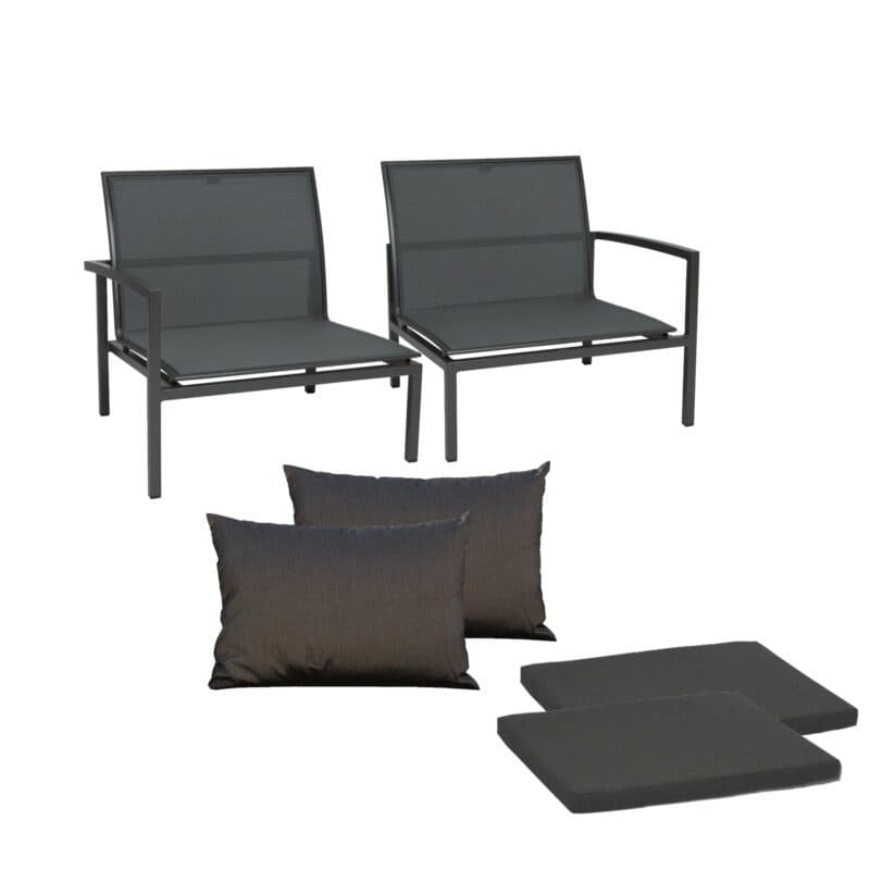 Stern "Skelby" Loungesofa, 2-teilig plus Kissen, Gestelle Aluminium anthrazit, Sitz Textilgewebe karbon, Kissen schiefergrau