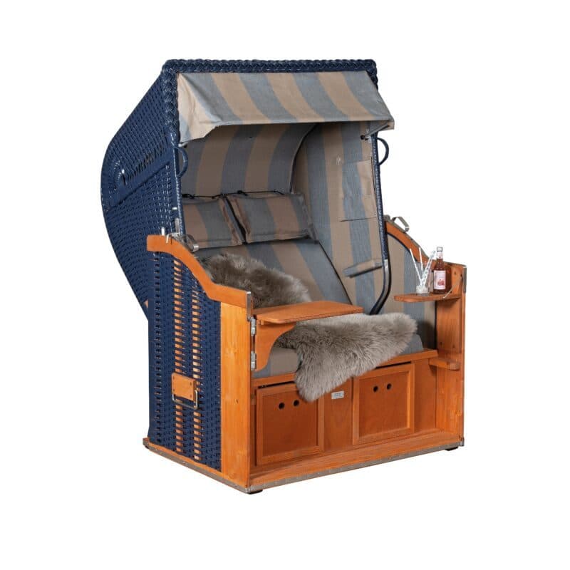 Sonnenpartner Strandkorb "Classic" 2-Sitzer, Halbliegemodell, PVC-Kunststoffgeflecht blau, Markisenstoff Dessin 74