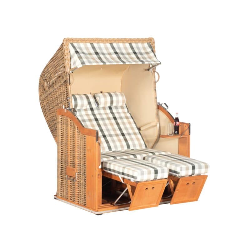 Sonnenpartner Strandkorb "Classic" 2-Sitzer, Halblieger, PE-Kunststoffgeflecht Marone, Markisenstoff Dessin Rombo Palida und uni sand