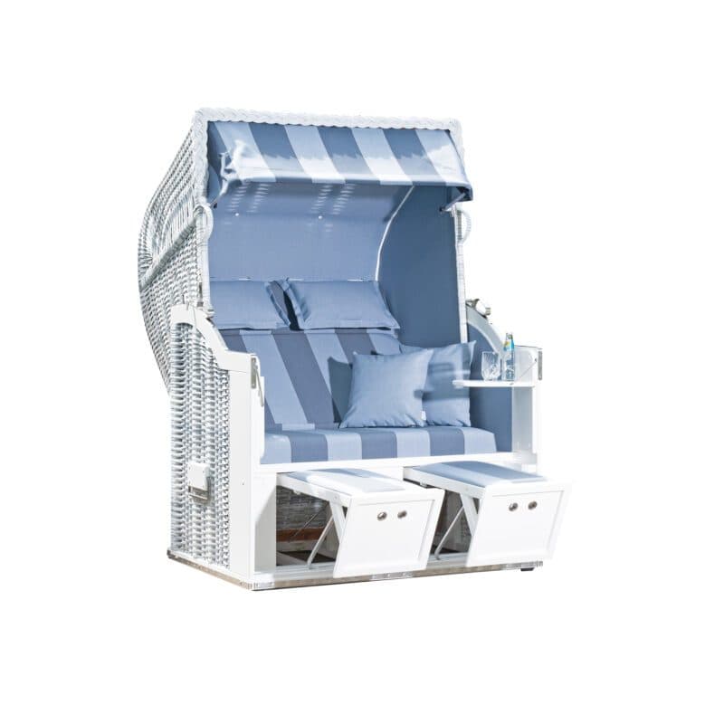 Sonnenpartner Strandkorb "Classic" 2-Sitzer, Halbliegemodell, PE-Kunststoffgeflecht white-washed, Markisenstoff Dessin 19 und uni jeansblau-weiß 725