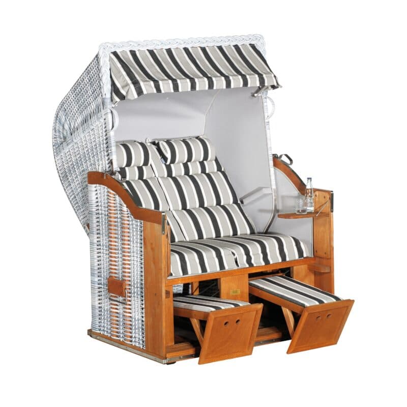 Sonnenpartner Strandkorb "Classic" 2-Sitzer, Halbliegemodell, PE-Kunststoffgeflecht white-washed, Gartenmöbelstoff Filo Tomba und uni hellgrau