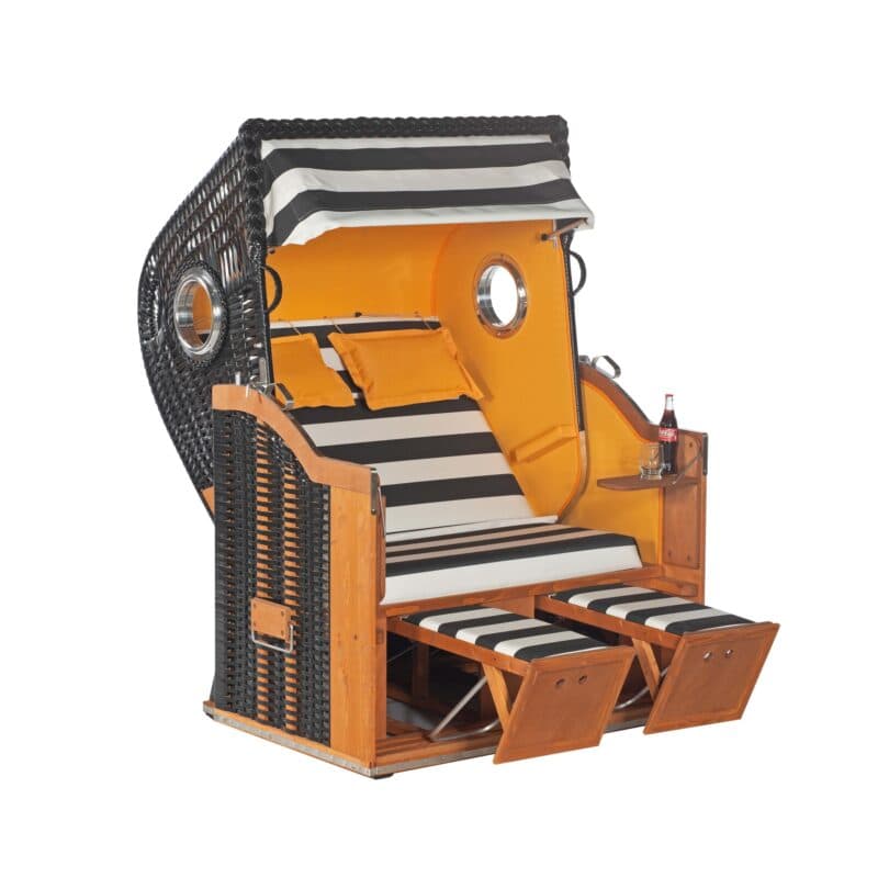 Sonnenpartner Strandkorb "Classic-Bullauge" 2-Sitzer, Halbliegemodell, Kunststoffgeflecht schwarz, Markisenstoff Dessin 83 MQ und Markisenstoff uni mandarin