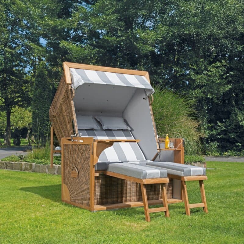 Sonnenpartner Strandkorb "Admiral" XL-2-Sitzer, Geflecht antik-braun, Markisenstoff 36 und uni hellgrau