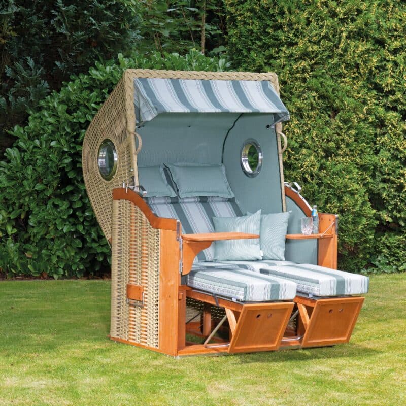 Sonnenpartner Strandkorb "Classic-Bullauge" 2-Sitzer, Halbliegemodell, Kunststoffgeflecht Seegrasoptik, Markisenstoff Dessin 26 und uni mint/weiß