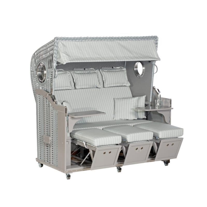Sonnenpartner Strandkorb "Classic-Bullauge" 3-Sitzer, Halbliegemodell, Kunststoffgeflecht silber, Gartenmöbelstoff Dessin Venezia und Markisenstoff uni grau