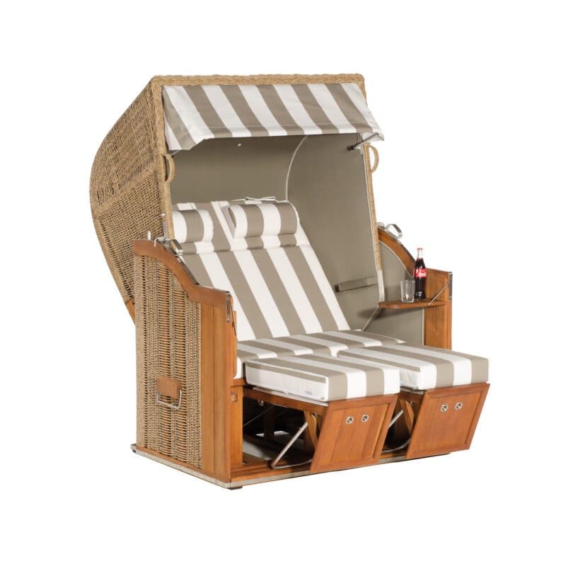 Sonnenpartner Strandkorb "Classic Teak" Halblieger, 2-Sitzer, Rundgeflecht Hyazinthoptik, Variopolsterung Markisenstoff 186 und uni taupe