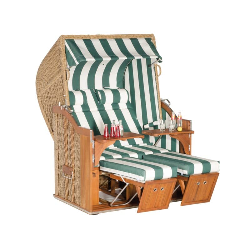 Sonnenpartner Strandkorb "Classic Teak", Halblieger, 2-Sitzer, Rundgeflecht Hyazinthoptik, Markisenstoff Dessin 50