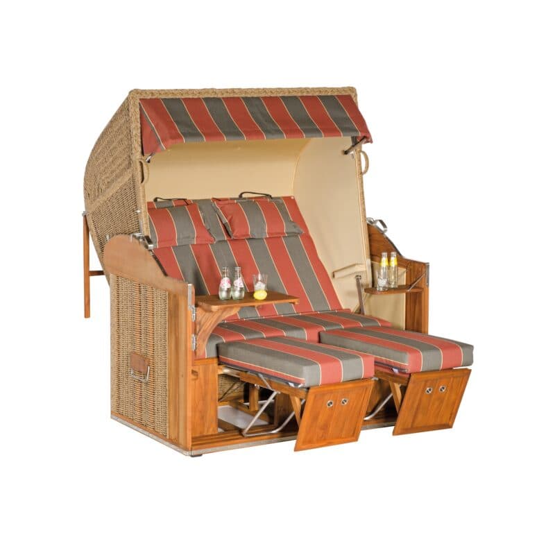 Sonnenpartner Strandkorb "Classic Teak XL" 2,5-Sitzer, Liegemodell, Kunststoffgeflecht Hyzinthoptik, Markisenstoff Dessin 28 und uni sand 701