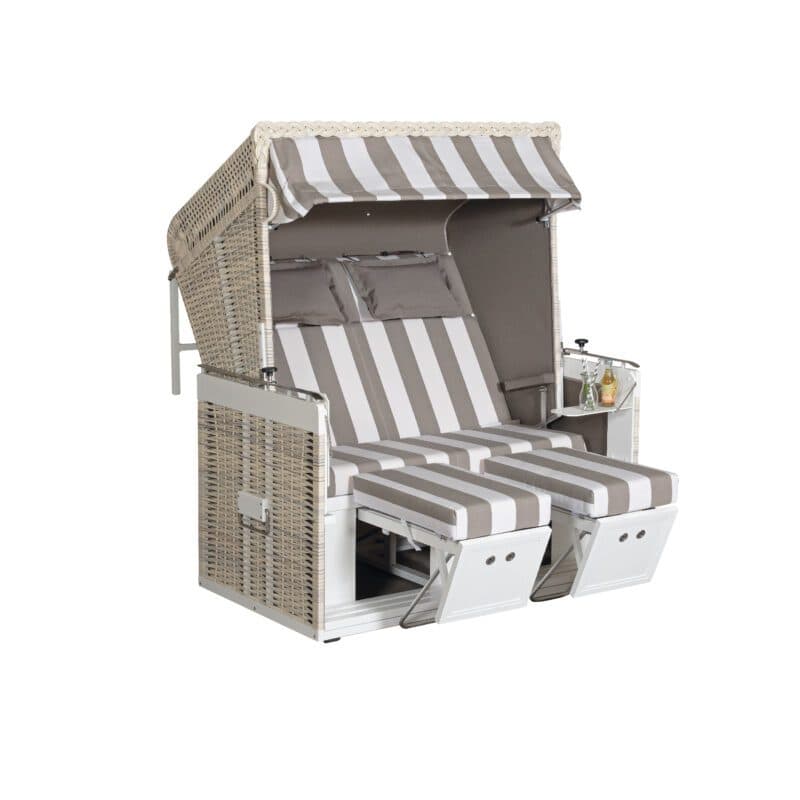 Sonnenpartner Strandkorb "Präsident Alu", XL-2-Sitzer Ganzliegemodell, Geflecht antik-weiß, Markisenstoff Nr. 186 und uni taupe
