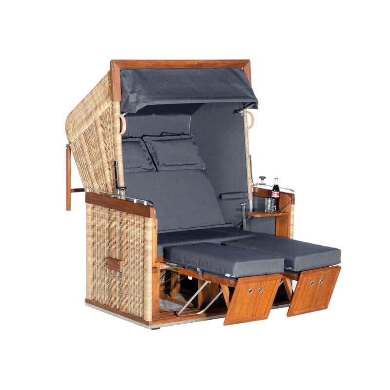 Sonnenpartner "Präsident Teak" Strandkorb, 2-Sitzer, Volllieger, PE-Kunststoff-Rundgeflecht Hyazinthoptik, Markisenstoff Nr. 720