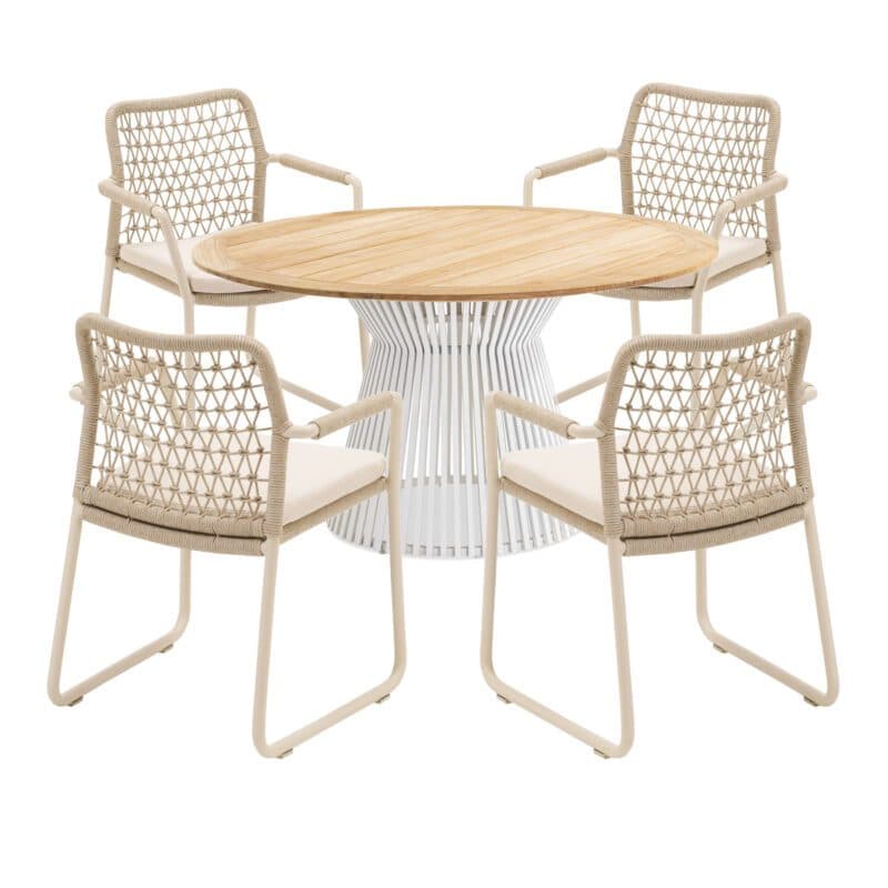 Gartenmöbel-Set mit CASA DOMA Gartenstuhl "Fasano", Aluminium cream, Rope fossil (Knoten-Muster) und Niehoff Tisch "Acore" Ø 140 cm, Aluminium ivory, Tischplatte Teak