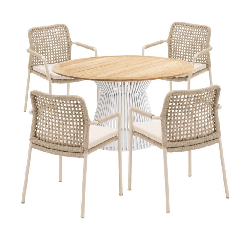 Gartenmöbel-Set mit CASA DOMA Stapelstuhl "Fasano", Aluminium cream, Rope fossil (Quadro-Muster) und Niehoff Tisch "Acore" Ø 140 cm, Aluminium ivory, Tischplatte Teak