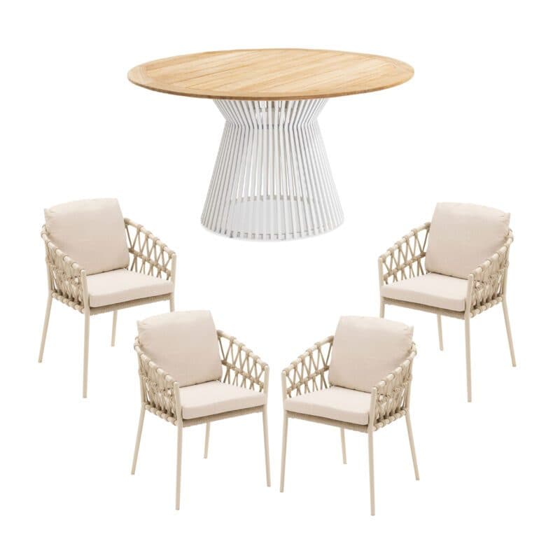 Gartenmöbel-Set mit CASA DOMA Diningsessel "Messina", Aluminium cream, Rope fossil und Niehoff Tisch "Acore" Ø 140 cm, Aluminium ivory, Tischplatte Teak