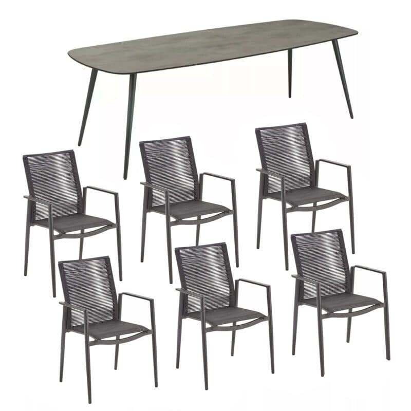 CASA DOMA "Napola" Gartentisch 240x100 cm, Aluminium anthrazit, Tischplatte HPL chromix anthrazit und Liadomo "Mannoli" Stapelstuhl, Aluminium anthrazit, Rope und Textilgewebe anthrazit, Armlehne Aluminium