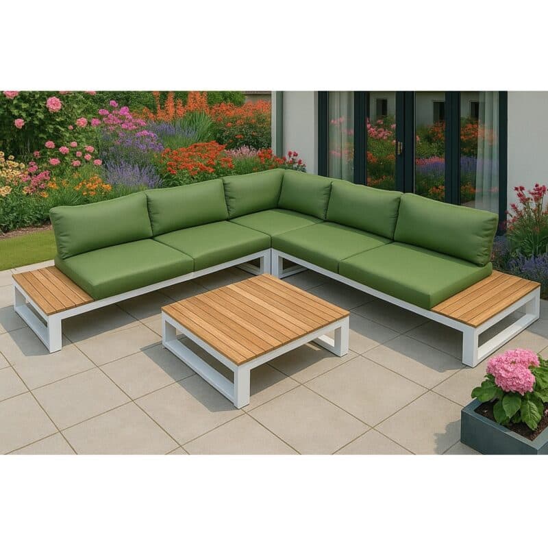Jati&Kebon "Virginia" Ecklounge, Gestell Aluminium weiß mit Teak, Polster Sunbrella pistaziengrün (Bild KI-generiert)