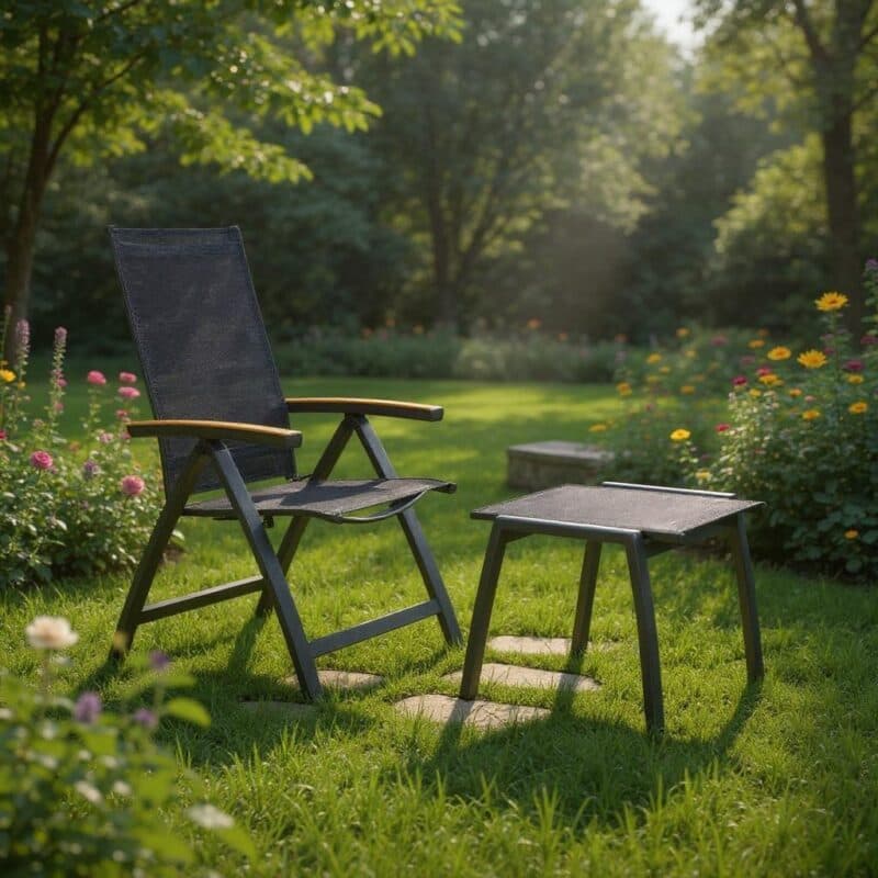Liadomo "Ricadi" Klappsessel mit Hocker, Alu anthrazit, Textilgewebe anthrazit, Armlehnen Teak (Bild KI-generiert)