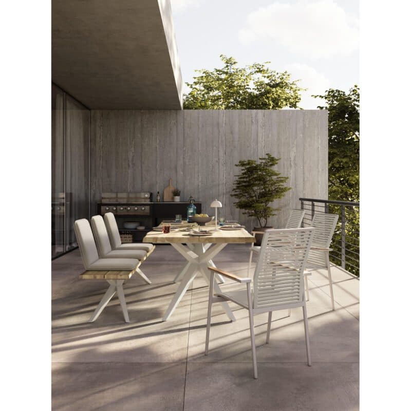 Musterring Set mit Gartentisch "Dänemark", Bank "Skagen", Sitzschale "Lazio" und Gartenstuhl "Kopenhagen", Aluminium ivory, Textilen taupe, Rope taupe