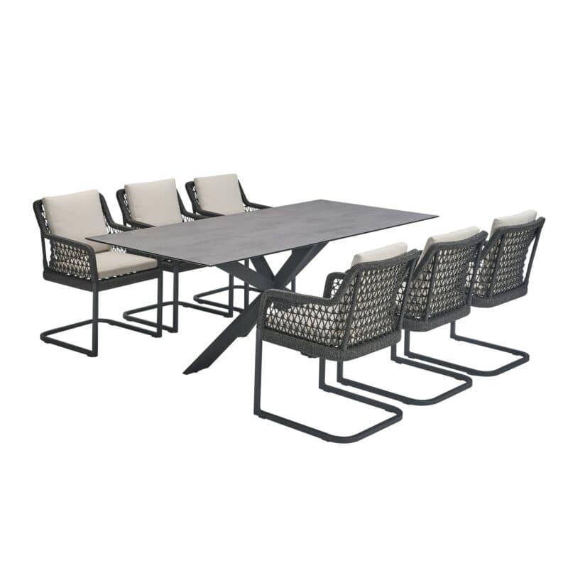 CASA DOMA "Casoli" Freischwinger, Gestell Aluminium anthrazit, Sitz- und Rückenfläche Rope fossil, Sitzkissen Olefin beige mit "Alcamo" Gartentisch, Tischplatte HPL anthrazit, 210x100 cm