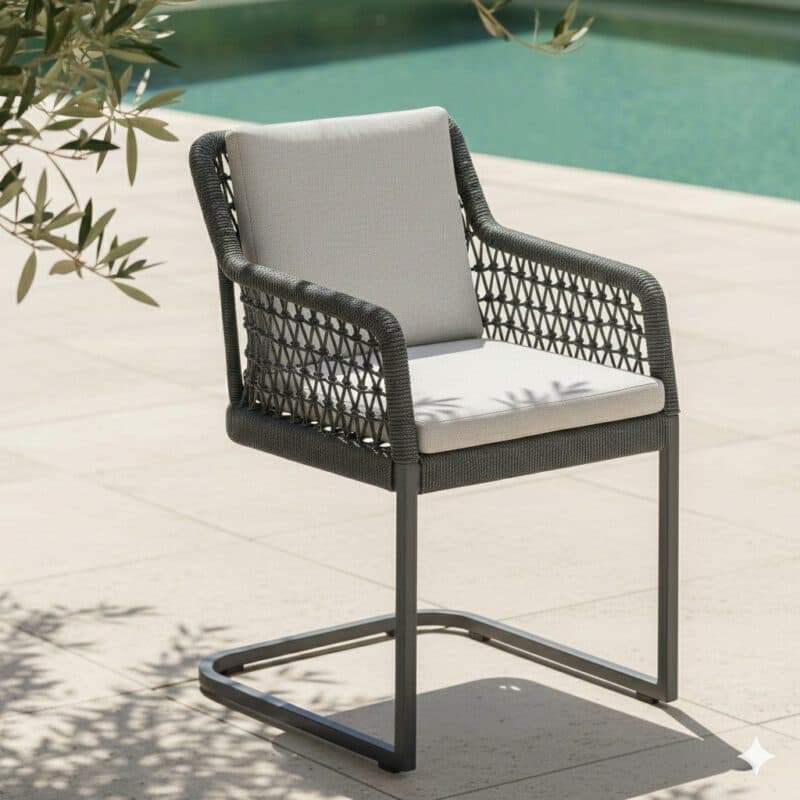 CASA DOMA "Casoli" Freischwinger, Gestell Aluminium anthrazit, Bespannung Rope fossil, Kissen beige (Bild KI-generiert)