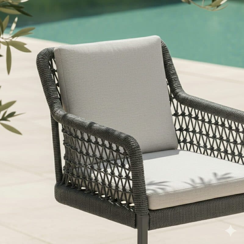 CASA DOMA "Casoli" Freischwinger, Gestell Aluminium anthrazit, Bespannung Rope fossil, Kissen beige (Bild KI-generiert)