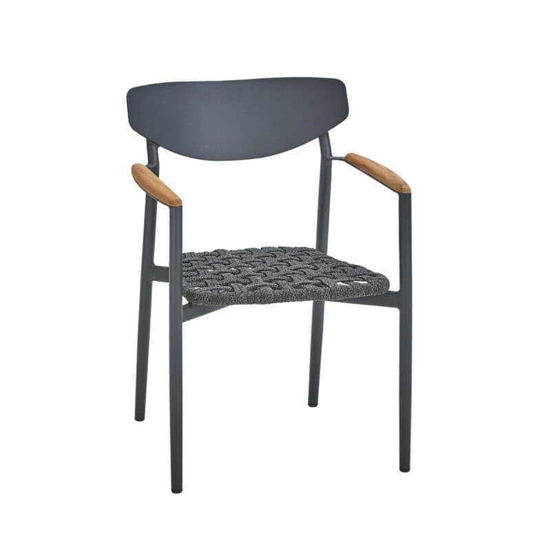CASA DOMA "Farini" Stapelstuhl, Gestell Aluminium anthrazit, Sitzfläche Rope anthrazit, Armlehnen Teakholz