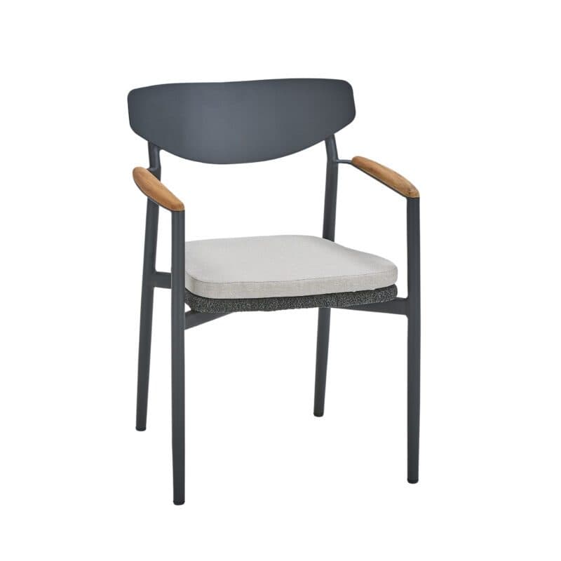 CASA DOMA "Farini" Stapelstuhl, Gestell Aluminium anthrazit, Sitzfläche Rope anthrazit, Armlehnen Teakholz, Sitzkissen Olefin beige