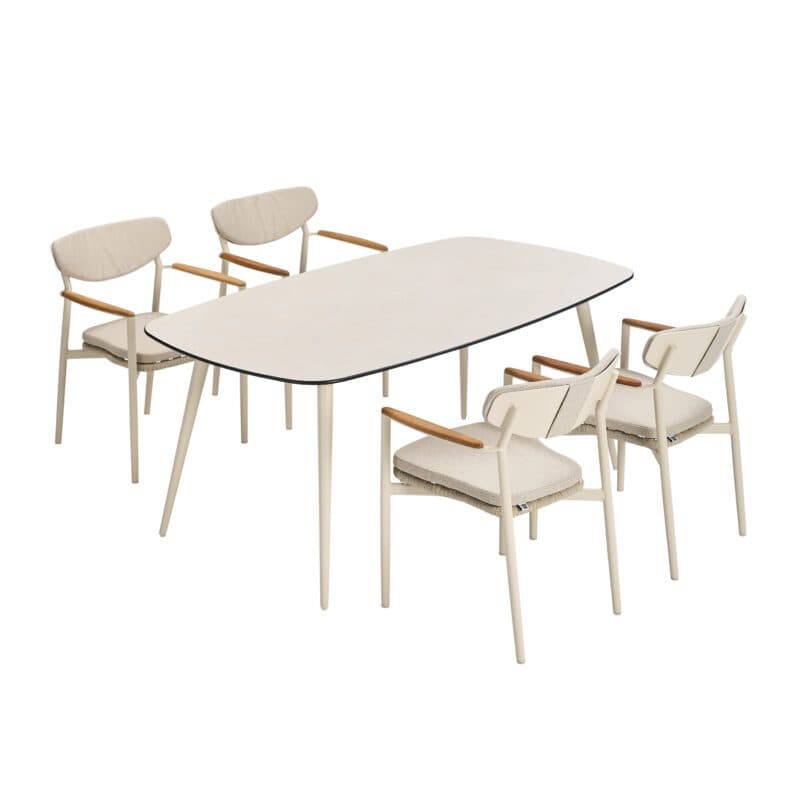 CASA DOMA "Farini" Stapelstuhl, Gestell Aluminium cream, Sitzfläche Rope fossil, Sitz- und Rückenkissen braunbeige und "Napola" Gartentisch, HPL travertin 180x100 cm