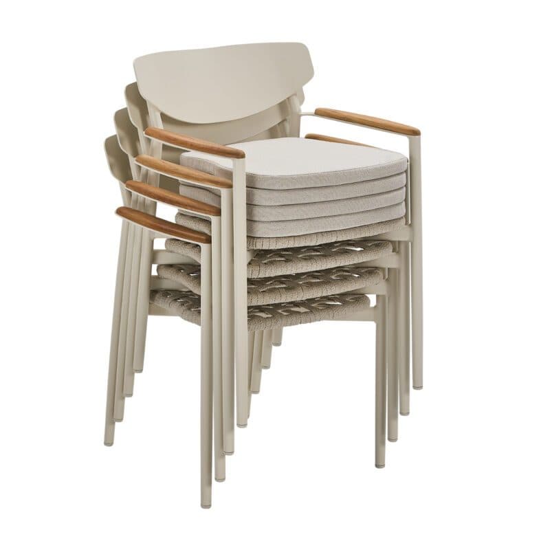 CASA DOMA "Farini" Stapelstuhl, Gestell Aluminium cream, Sitzfläche Rope fossil, Armlehnen Teakholz, Sitzkissen Olefin braunbeige