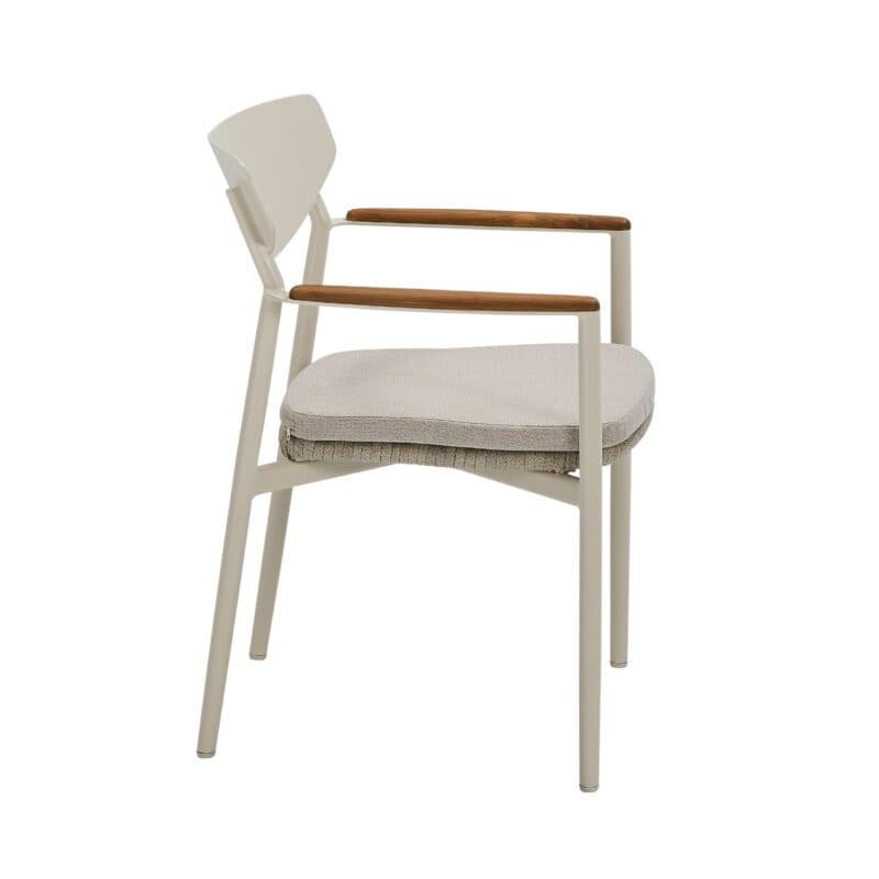 CASA DOMA "Farini" Stapelstuhl, Gestell Aluminium cream, Sitzfläche Rope fossil, Armlehnen Teakholz, Sitzkissen Olefin braunbeige