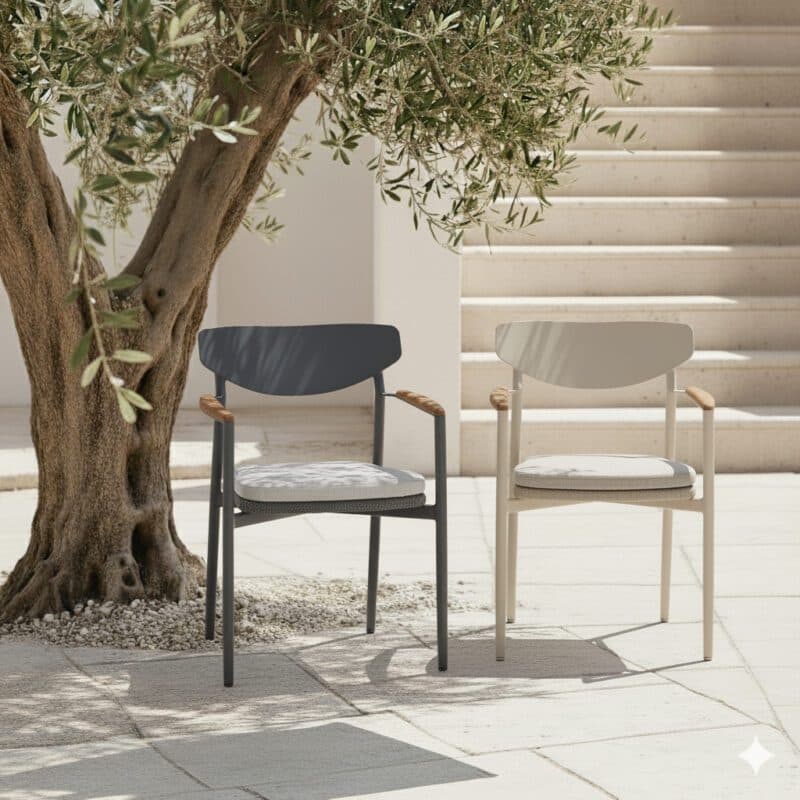 CASA DOMA "Farini" Stapelstühl, Aluminium anthrazit mit Kissen beige, Aluminium cream mit Kissen braunbeige, Armlehnen Teak (Bild KI-generiert)