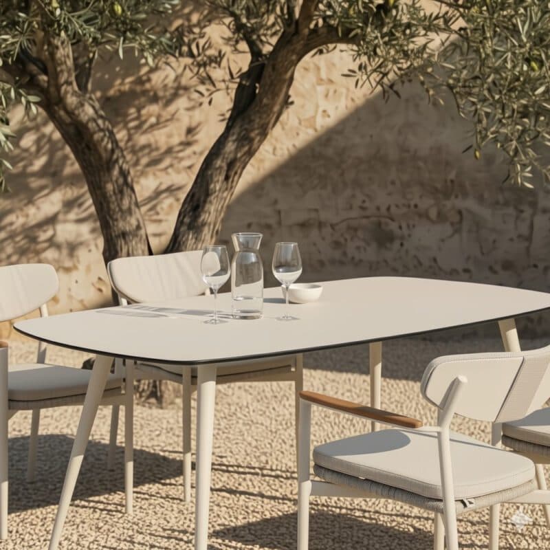 CASA DOMA Gartenmöbel-Set mit "Farini" Stuhl und "Napola" Gartentisch 180x100 cm, Aluminium cream, Sitzfläche Rope, Kissen braunbeige, HPL-Platte travertin (Bild KI-generiert)