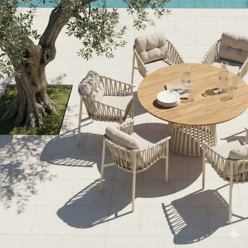 CASA DOMA Gartenmöbel-Set mit Diningsessel "Lucca" und Tisch "Loreto" 140 cm, Aluminium cream, Rope fossil, Tischplatte Teak (Bild KI-generiert)