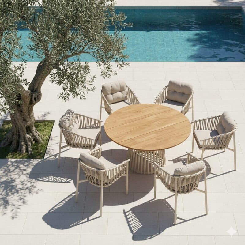 CASA DOMA Gartenmöbel-Set mit Diningsessel "Lucca" und Tisch "Loreto" 140 cm, Aluminium cream, Rope fossil, Tischplatte Teak (Bild KI-generiert)