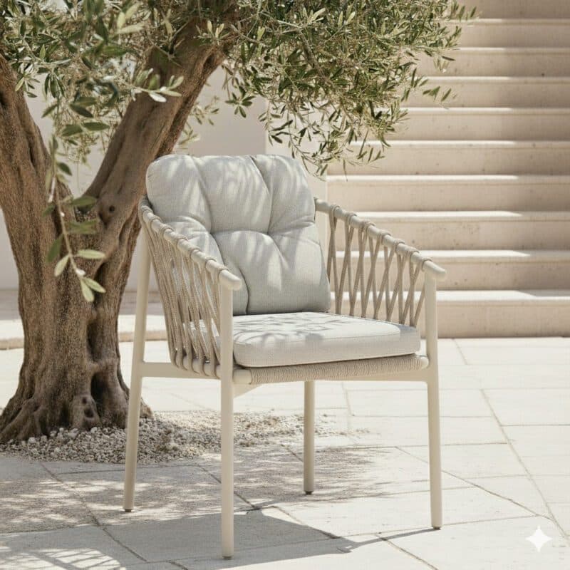 CASA DOMA "Lucca" Diningsessel, Aluminium cream, Rope fossil, Bezug braunbeige (Bild KI-generiert)