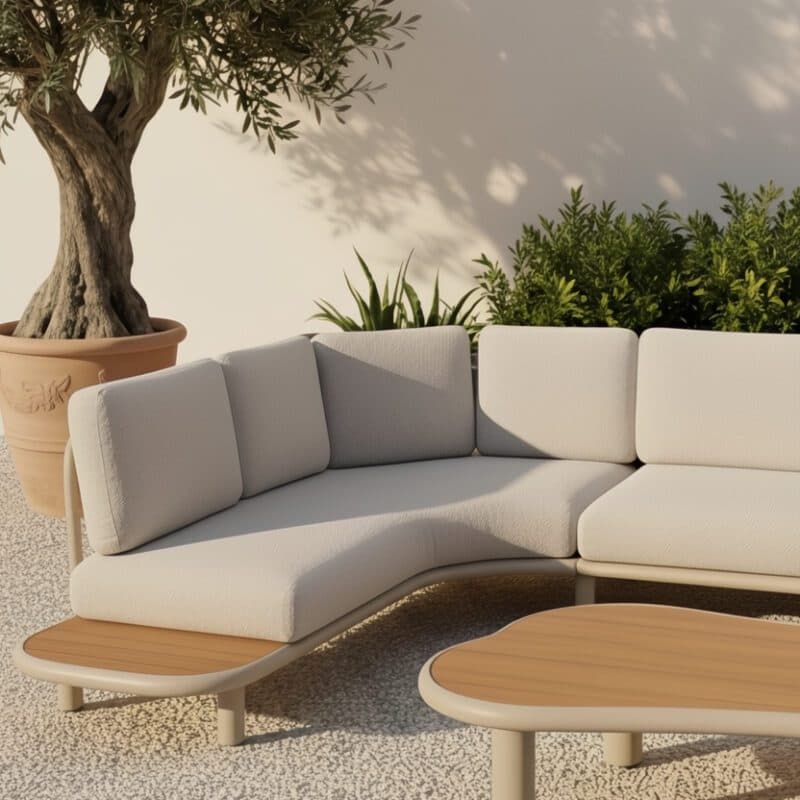 CASA DOMA "Montella" Loungeset, Gestell Aluminium cream, Polster beige, Ablage & Tischplatten Teak (Bild KI-generiert)