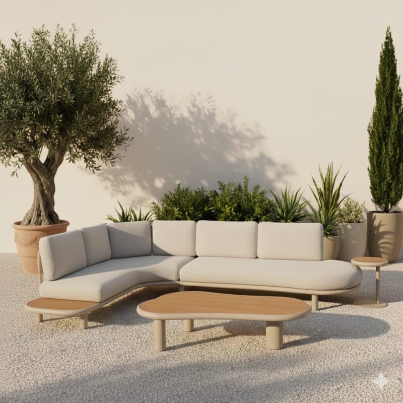 CASA DOMA "Montella" Loungeset, Gestell Aluminium cream, Polster beige, Ablage & Tischplatten Teak (Bild KI-generiert)