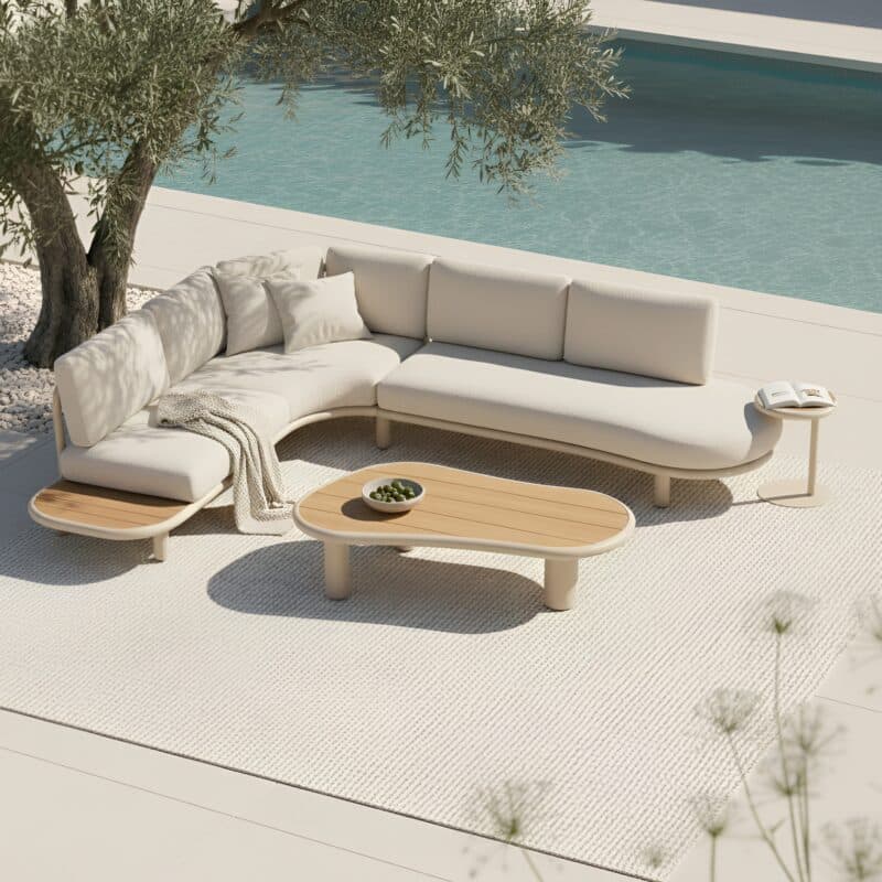 CASA DOMA "Montella" Loungeset, Gestell Aluminium cream, Polster beige, Ablage & Tischplatten Teak (Bild KI-generiert)