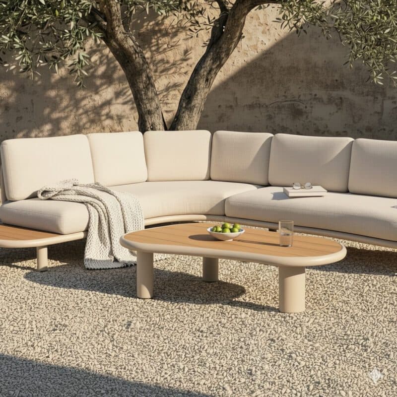 CASA DOMA "Montella" Loungeset, Gestell Aluminium cream, Polster beige, Ablage & Tischplatten Teak (Bild KI-generiert)