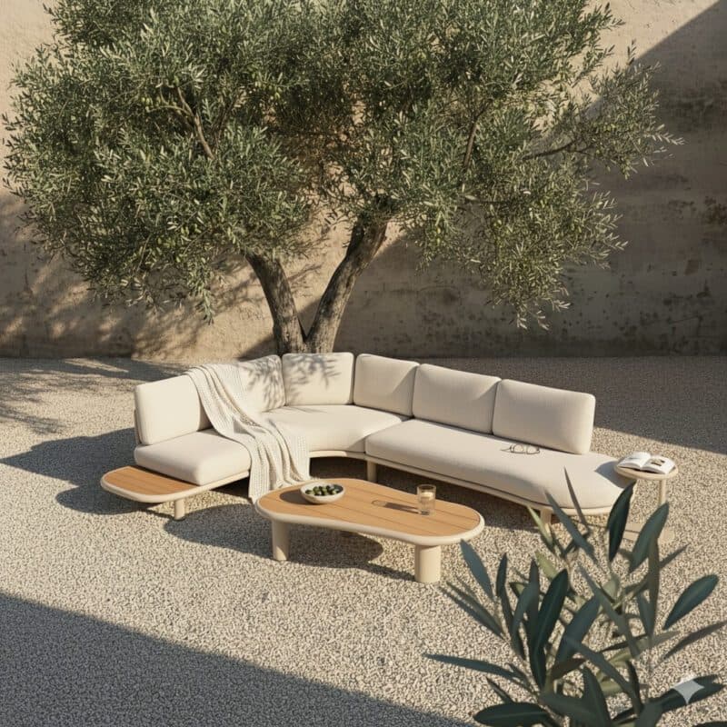 CASA DOMA "Montella" Loungeset, Gestell Aluminium cream, Polster beige, Ablage & Tischplatten Teak (Bild KI-generiert)