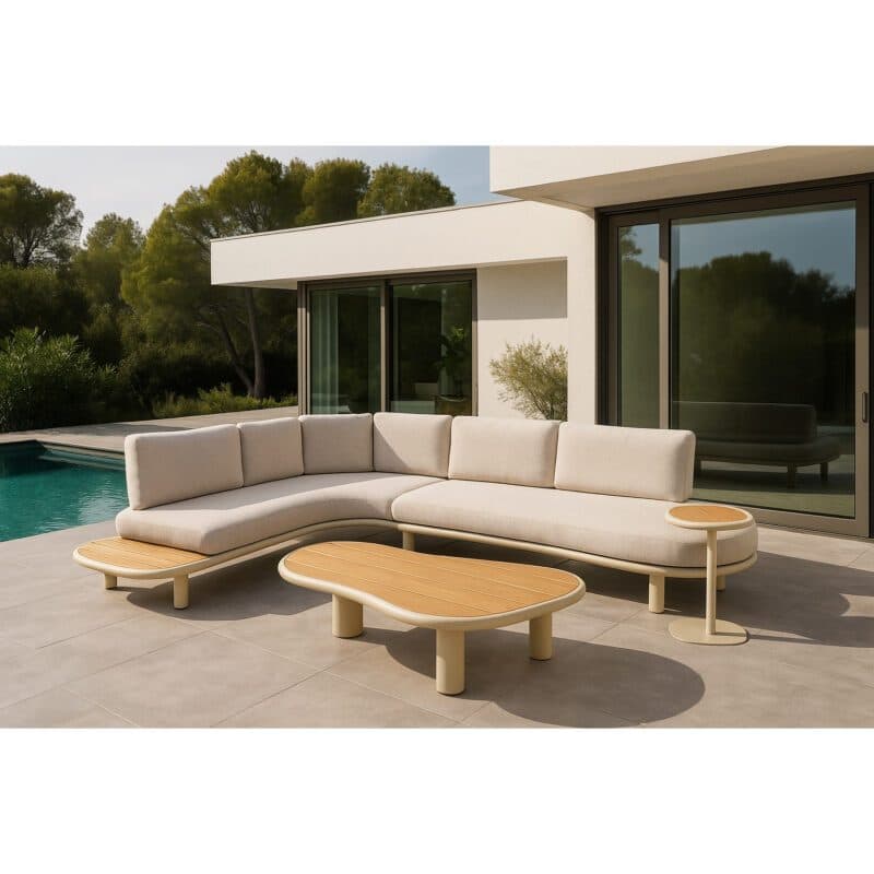 CASA DOMA "Montella" Loungeset, Gestelle Aluminium cream, Polster Sunproof® Olefin beige, Ablage und Tischplatten Teakholz (Bild KI-generiert)