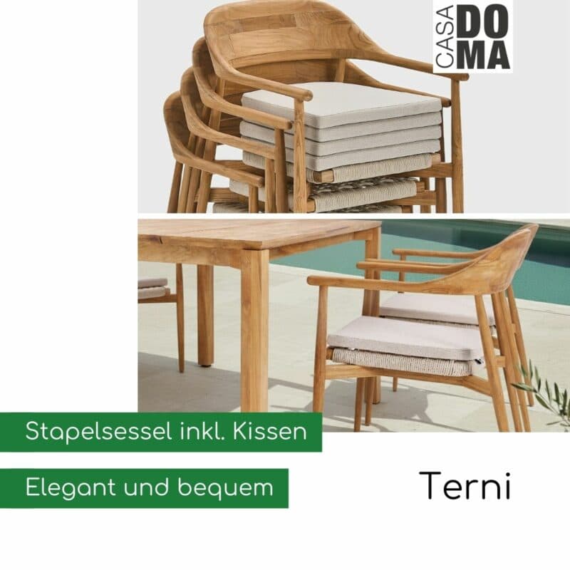 CASA DOMA "Terni" Stapelstuhl aus Teakholz (Bild KI-generiert)