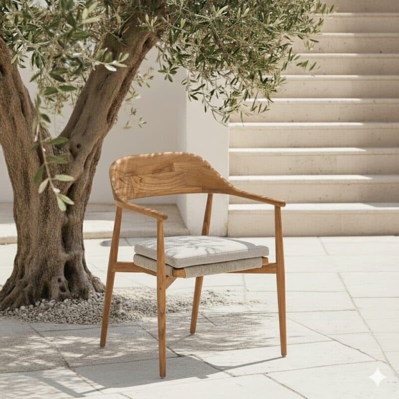 CASA DOMA "Terni" Stapelstuhl, Gestell Teakholz, Sitzfläche Rope fossil, Kissen braunbeige (Bild KI-generiert)