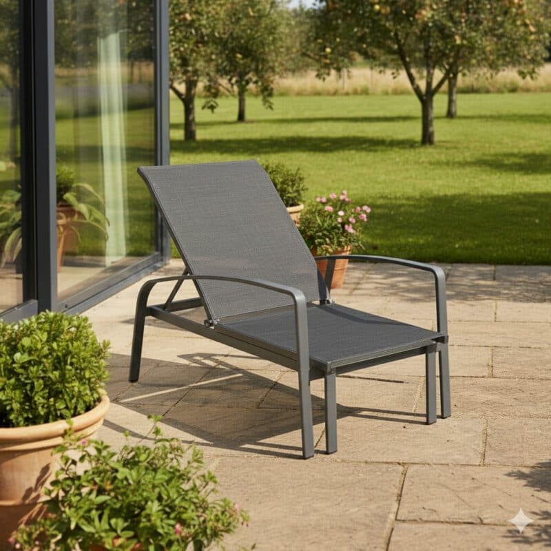 Liadomo "Atessa" Deckchair mit verstellbarer Rückenlehne und ausziehbarem Fußteil, Gestell Aluminium anthrazit, Bespannung Textilen anthrazit (Bild KI-generiert)