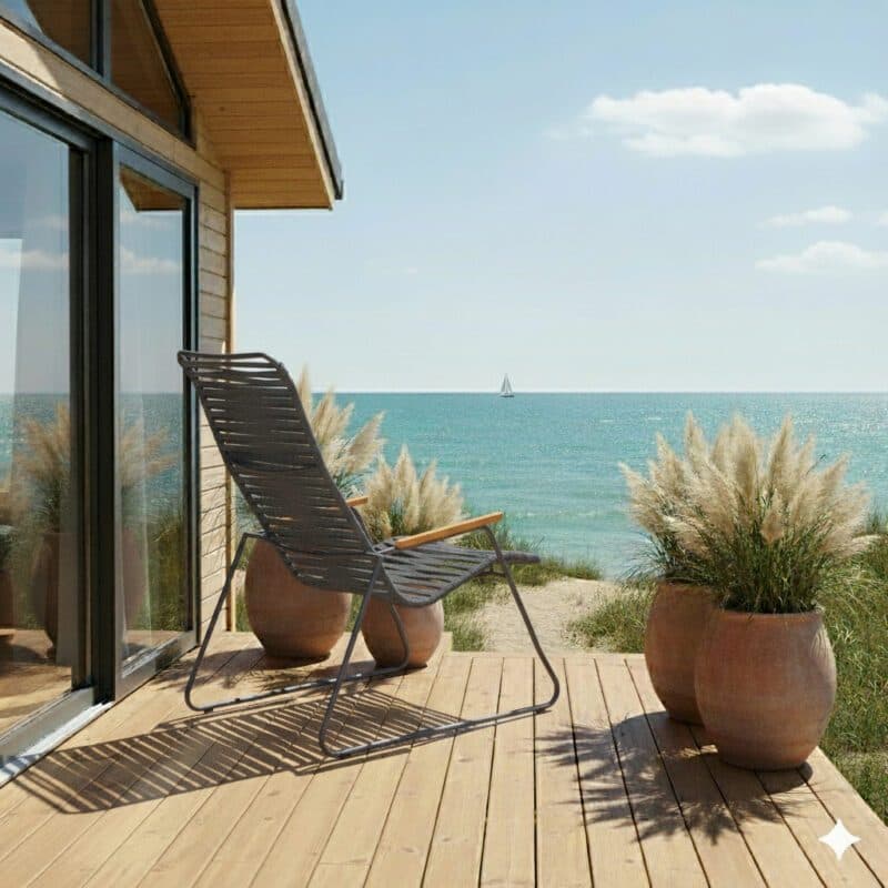 Liadomo "Atina" Loungesessel, Gestell Edelstahl anthrazit, Sitz- und Rückenfläche Rope anthrazit, Armlehne Teakholz (Bild KI-generiert)