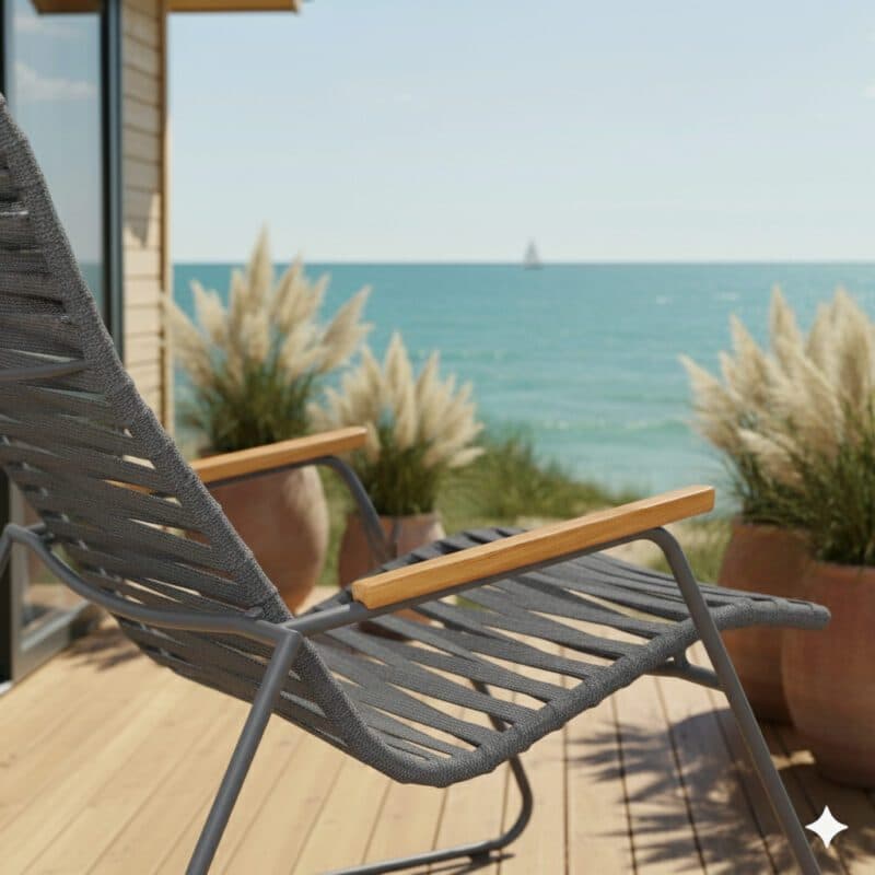 Liadomo "Atina" Loungesessel, Gestell Edelstahl anthrazit, Sitz- und Rückenfläche Rope anthrazit, Armlehne Teakholz (Bild KI-generiert)