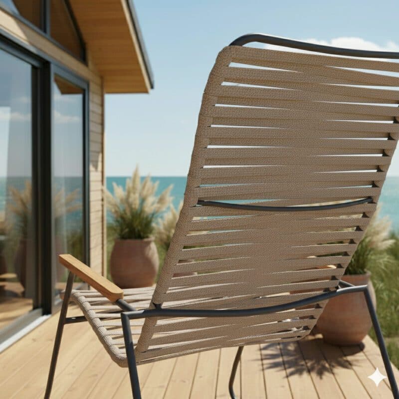 Liadomo "Atina" Loungesessel, Gestell Edelstahl anthrazit, Sitz- und Rückenfläche Rope beige, Armlehne Teakholz (Bild KI-generiert)