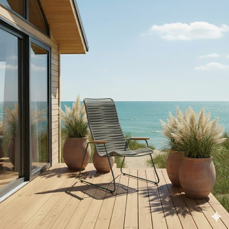 Liadomo "Atina" Loungesessel, Gestell Edelstahl dunkelgrün, Sitz- und Rückenfläche Rope oliv, Armlehne Teakholz (Bild KI-generiert)