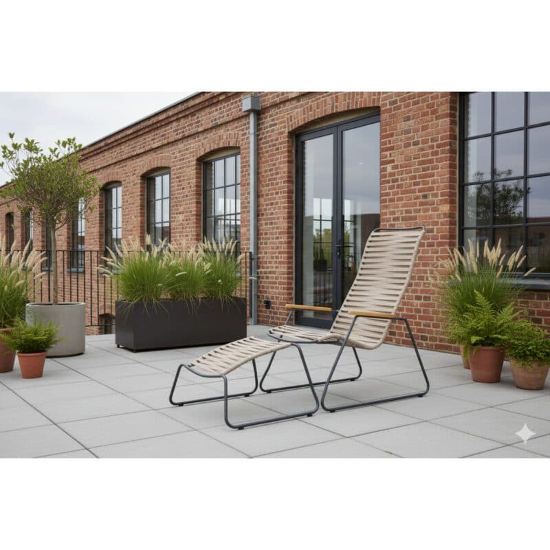 Liadomo "Atina" Loungesessel mit Loungehocker, Gestell Edelstahl anthrazit, Sitz- und Rückenfläche Rope beige, Armlehne Teakholz (Bild KI-generiert)